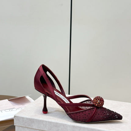 JIMMY CHOO 26S POINTED-TOE HIGH HEELS IN DARK RED CRYSTAL EMBELLISHMENT