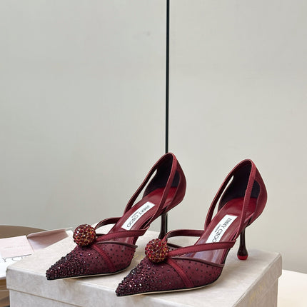 JIMMY CHOO 26S POINTED-TOE HIGH HEELS IN DARK RED CRYSTAL EMBELLISHMENT
