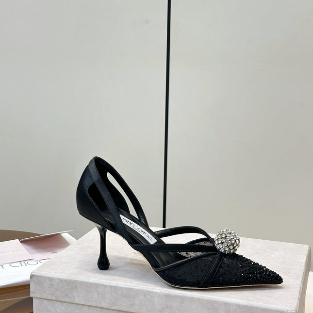 JIMMY CHOO 26S POINTED-TOE HIGH HEELS IN BLACK CRYSTAL EMBELLISHMENT