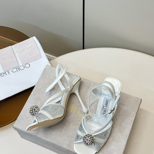 JIMMY CHOO 26S HEELED SANDALS 100 MM IN WHITE CRYSTAL EMBELLISHMENT