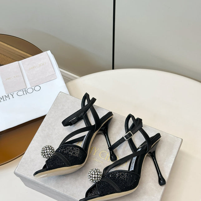 JIMMY CHOO 26S HEELED SANDALS 100 MM IN BLACK CRYSTAL EMBELLISHMENT