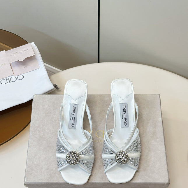 JIMMY CHOO 26S SACORA MULE 80 MM IN WHITE CRYSTAL EMBELLISHMENT