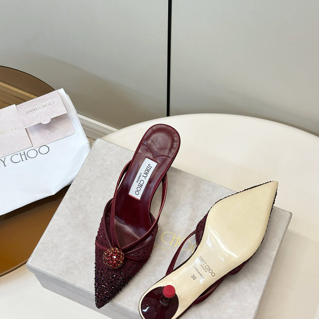 JIMMY CHOO 26S HEELED MULES 80 MM IN DARK RED CRYSTAL EMBELLISHMENT