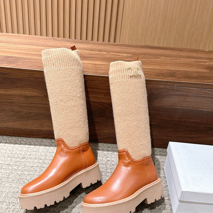 CELINE 26S KNEE HIGH BOOTS 45 MM IN TAN CALFSKIN AND BEIGE KNIT SOCK
