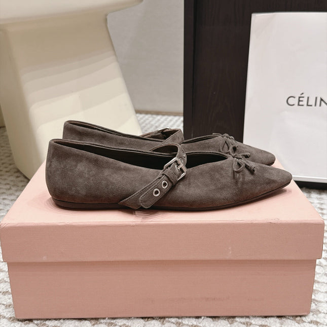 MIUMIU 26S MARY JANE BALLET IN TAUPE BROWN SUEDE WITH BUCKLE STRAP
