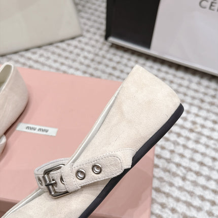 MIUMIU 26S MARY JANE BALLET IN LIGHT BEIGE SUEDE WITH BUCKLE STRAP