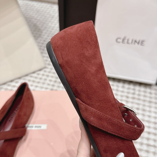 MIUMIU 26S MARY JANE BALLET IN DARK RED SUEDE WITH BUCKLE STRAP