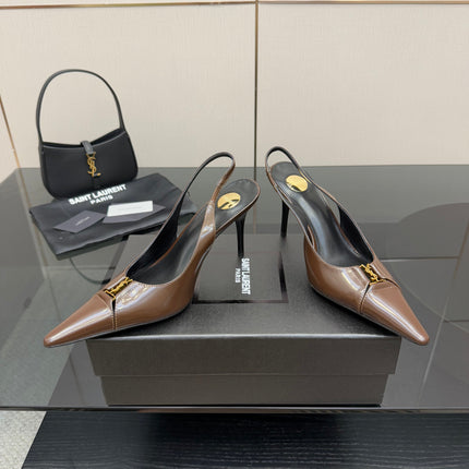 YSL 25S SLINGBACK HIGH HEELS 90 MM IN CHOCOLATE BROWN LAMBSKIN WITH GOLD HARDWARE STYLE 7