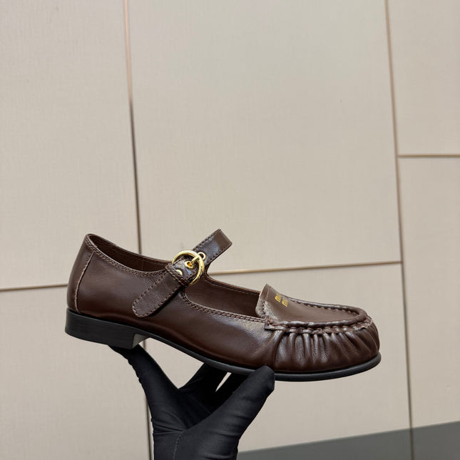 MIUMIU 25S LOAFERS WITH STRAP IN DARK BROWN LAMBSKIN