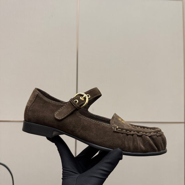 MIUMIU 25S LOAFERS WITH STRAP IN DARK BROWN SUEDE