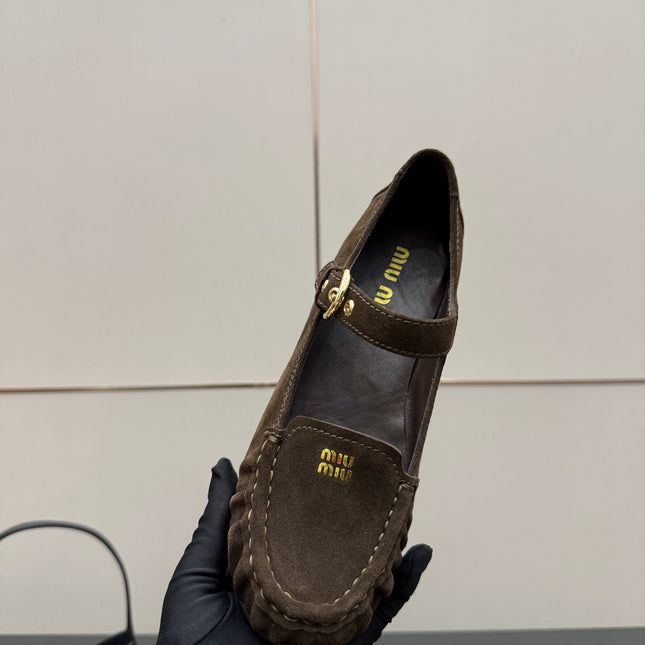 MIUMIU 25S LOAFERS WITH STRAP IN DARK BROWN SUEDE