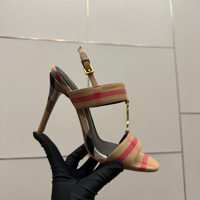 BURBERRY 26S HIGH-HEELED SANDALS 100 MM IN LIGHT BROWN STRIPES FABRIC