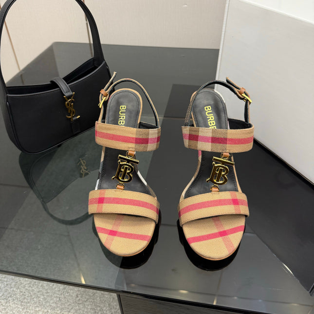 BURBERRY 26S HIGH-HEELED SANDALS 100 MM IN LIGHT BROWN STRIPES FABRIC