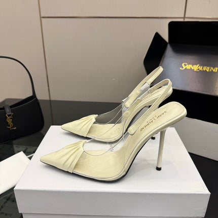 YSL 26S PLEATED SLINGBACK HEELS 105 MM IN CREAM WHITE GLOSSY CALFSKIN AND PVC