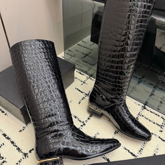 CHANEL 26S TALL BOOTS IN BLACK CALFSKIN CROCODILE EMBOSSED
