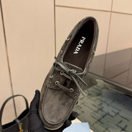 PRADA 26S LOAFERS IN SLATE GREY SUEDE WITH RUBBER SOLE