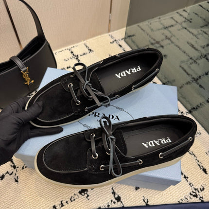 PRADA 26S LOAFERS IN BLACK SUEDE WITH RUBBER SOLE