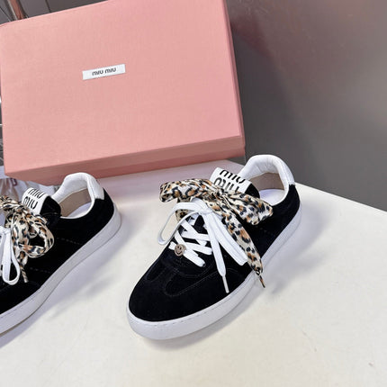 MIUMIU 25S SNEAKERS IN BLACK SUEDE WITH LEOPARD-PRINT LACES