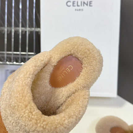 CELINE 26S WEDGE MULES IN ORANGE BROWN SUEDE AND BEIGE WOOL