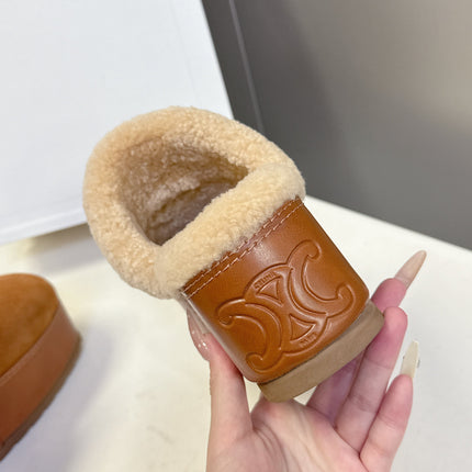 CELINE 26S WEDGE MULES IN ORANGE BROWN SUEDE AND BEIGE WOOL