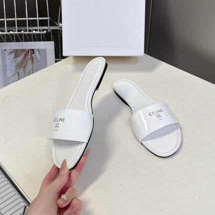 CELINE 26S FLAT SLIDES IN WHITE PATENT LAMBSKIN