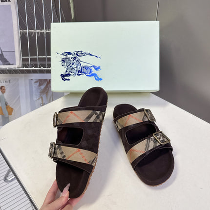 BURBERRY 26S DOUBLE BUCKLE SANDALS IN DARK BROWN SUEDE