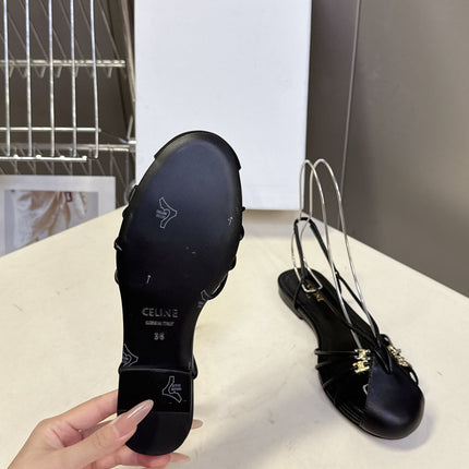 CELINE 26S TRIOMPHE LACE UP ANKLE STRAP FLAT SANDALS IN BLACK CALFSKIN