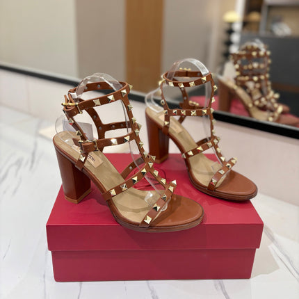 VALENTINO 26S STUDDED HIGH HEEL SANDALS 90 MM IN BROWN CALFSKIN