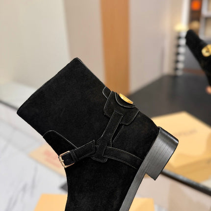 VALENTINO 25S PATTIE ANKLE BOOTS IN BLACK SUEDE WITH GOLD HARDWARE