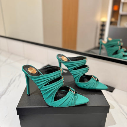 YSL 26S HEELED SANDALS 100 MM IN EMERALD GREEN FABRIC