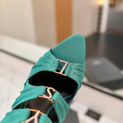 YSL 26S HEELED SANDALS 100 MM IN EMERALD GREEN FABRIC