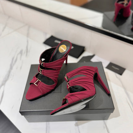 YSL 26S HEELED SANDALS 100 MM IN DARK RED FABRIC