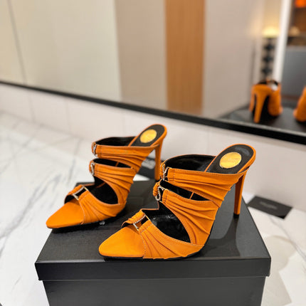 YSL 26S HEELED SANDALS 100 MM IN ORANGE FABRIC