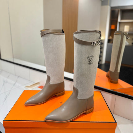 HM 26S JUMPING BOOTS IN DARK GREY CALFSKIN AND BEIGE CANVAS WITH SILVER HARDWARE