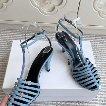 CELINE 26S CLEA TRIOMPHE GLADIATOR HEEL SANDALS 60 MM IN SKY BLUE LAMBSKIN