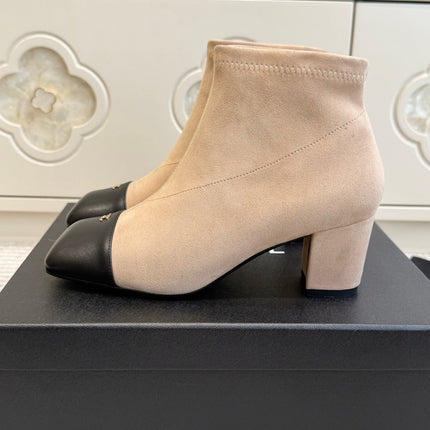 CHANEL 26S ANKLE BOOTS IN BEIGE SUEDE AND BLACK PATENT SQUARE TOE
