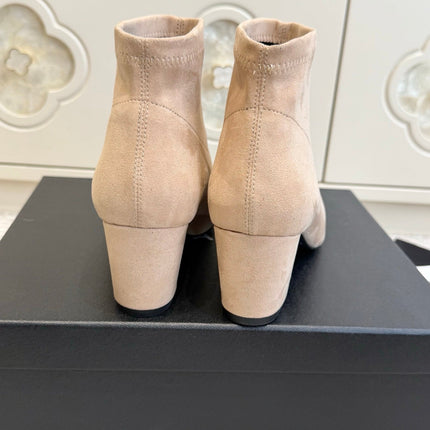 CHANEL 26S ANKLE BOOTS IN BEIGE SUEDE AND BLACK PATENT SQUARE TOE