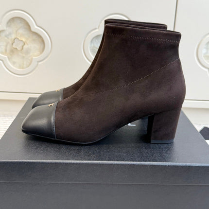 CHANEL 26S ANKLE BOOTS IN DARK BROWN SUEDE AND BLACK PATENT SQUARE TOE