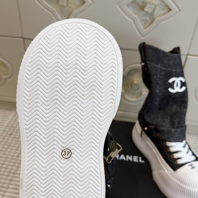 CHANEL 26S HIGH TOP PLATFORM SNEAKER BOOTS IN GREY DENIM