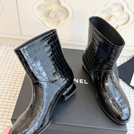 CHANEL 26S SHORT BOOTS IN BLACK PATENT CROCODILE EMBOSSED