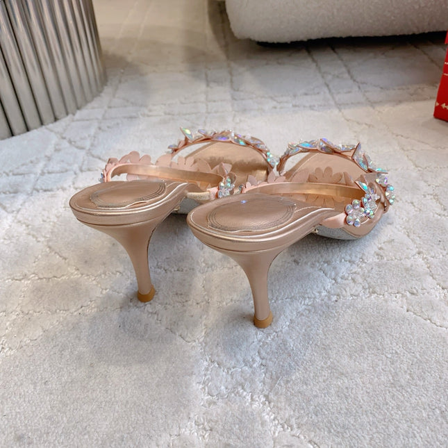RENE CAOVILLA 26S HEEL SANDALS 65 MM IN ROSE GOLD LAMBSKIN CRYSTAL FLOWER EMBELLISHMENTS