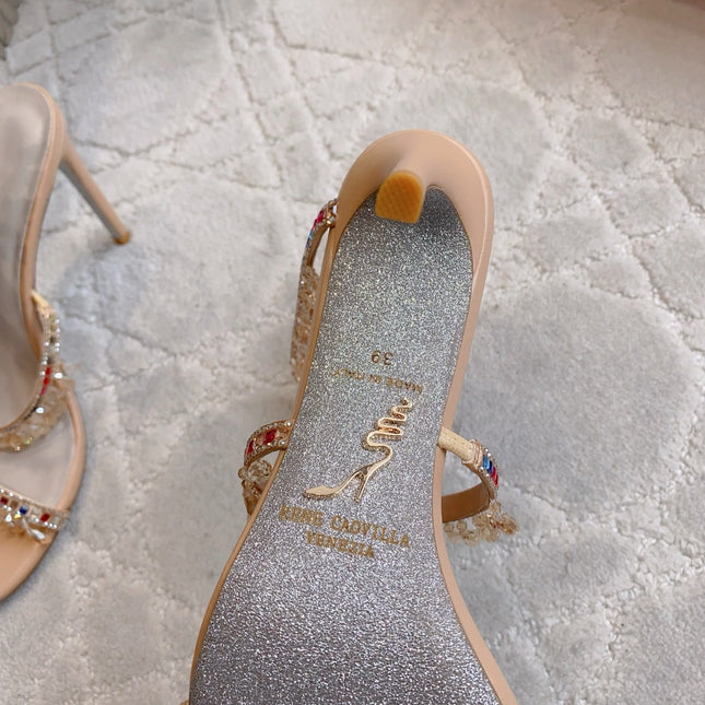 RENE CAOVILLA 26S CLEO HIGH HEELS SANDALS 95 MM IN BEIGE LAMBSKIN STYLE 17