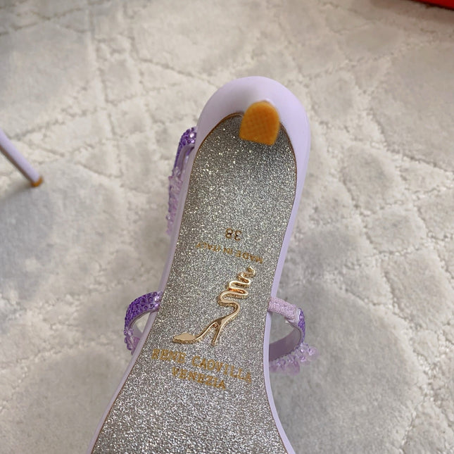 RENE CAOVILLA 26S CLEO HIGH HEELS SANDALS 95 MM IN LIGHT PURPLE LAMBSKIN STYLE 11