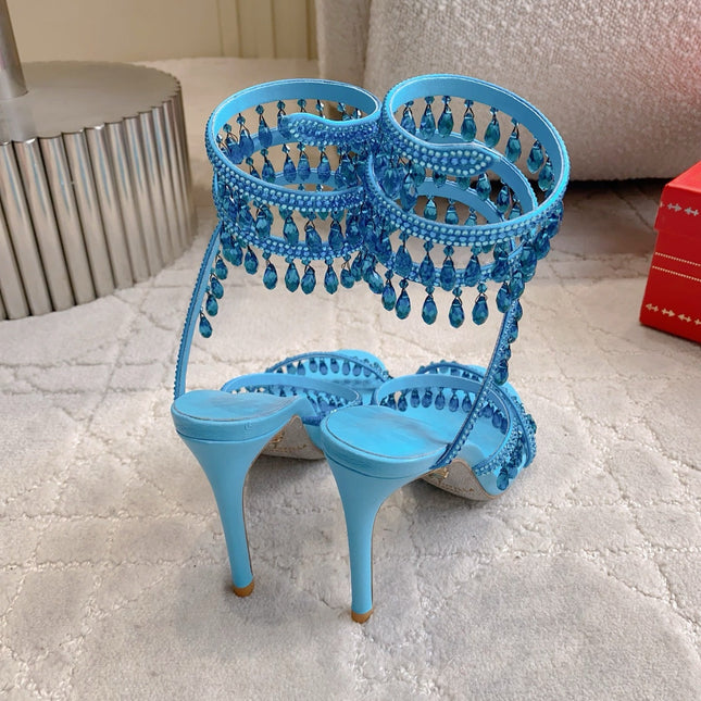 RENE CAOVILLA 26S CLEO HIGH HEELS SANDALS 95 MM IN BLUE LAMBSKIN