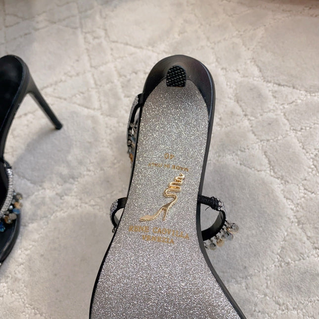 RENE CAOVILLA 26S CLEO HIGH HEELS SANDALS 95 MM IN BLACK LAMBSKIN STYLE 6