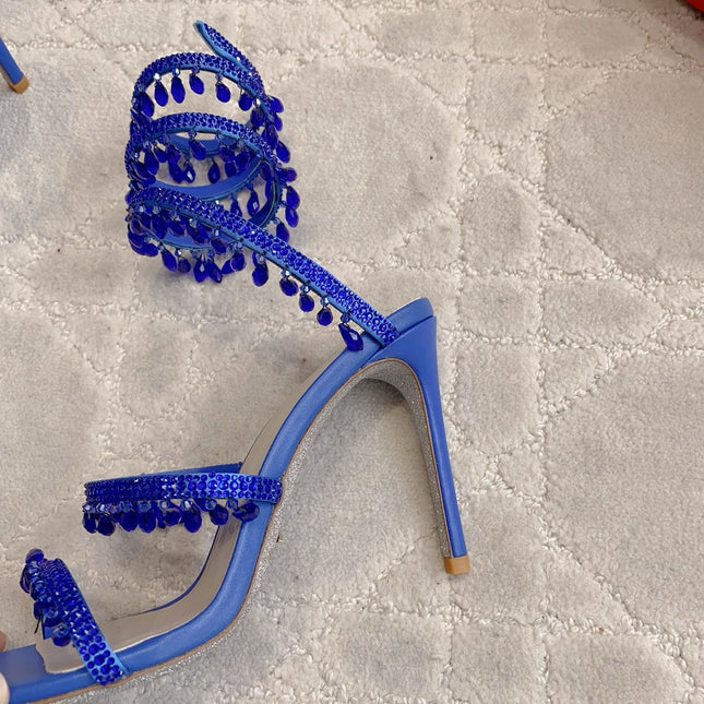 RENE CAOVILLA 26S CLEO HIGH HEELS SANDALS 95 MM IN NAVY BLUE LAMBSKIN
