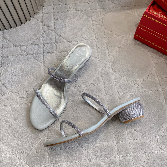 RENE CAOVILLA 26S HIGH-HEELED SANDALS 45 MM IN SILVER LAMBSKIN