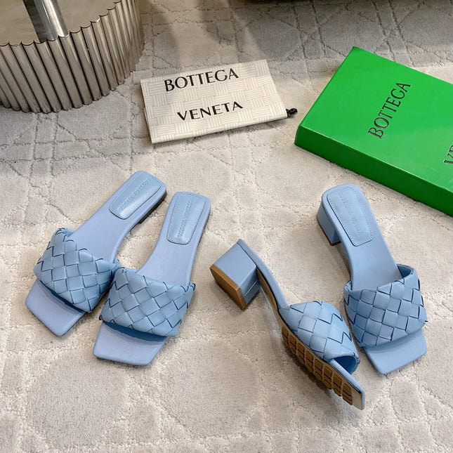 BOTTEGA VENETA 26S SQUARE-TOE HIGH-HEEL SANDALS 50 MM IN BLUE LAMBSKIN