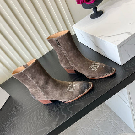 CELINE 26S ANKLE COWBOY BOOTS IN DARK BROWN SUEDE POINTED TOE