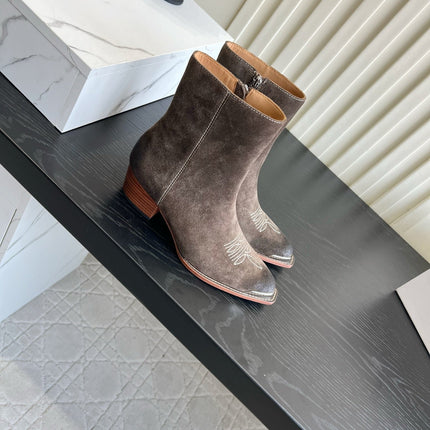 CELINE 26S ANKLE COWBOY BOOTS IN DARK BROWN SUEDE POINTED TOE